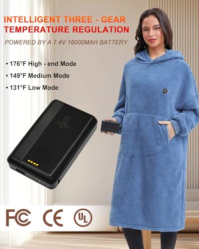 Image of Oversized Heated Wearable Blanket, Battery Powered Fleece Hoodie Robe 7.4V 16000mAh 167F Overheat Protection