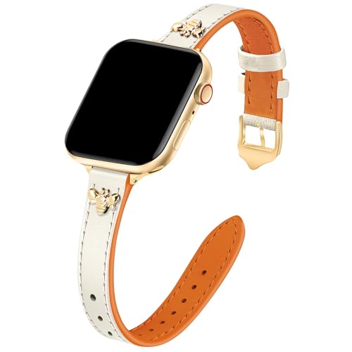 Image of JR.DM Slim Leather Bands Compatible with Apple Watch Band 38mm 40mm 41mm 42mm 44mm 45mm 46mm 49mm, Genuine Leather Band with Charms, Feminine Design for Iwatch Ultra SE Series 11 10 9 8 7 6 5 4 3 2 1