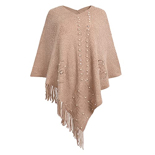 Korean Oversized Ponchos V Neck Pearl Beading Shawl Cloak Women Loose Tassel Sweater Coat