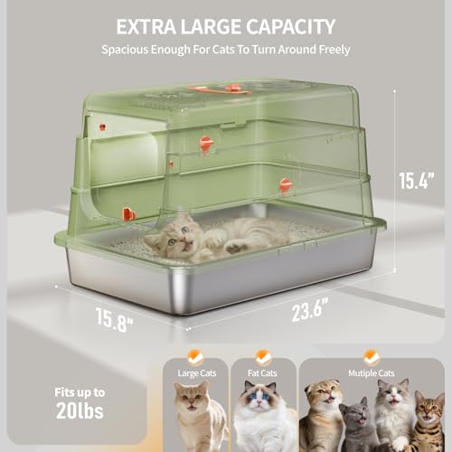 Image of Stainless Steel Cat Litter Box with Lid, Enclosed Extra Large Metal Litter Pan for Big Cats, Full Flip Cover High Sided LitterBox Include Scoop, Easy Cleaning, Non-Stick, Green
