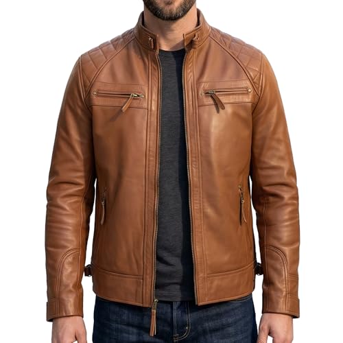 Image of Leather Jacket Men - Real Lambskin Motorcycle Jacket with Snap Tab Collar, Adjustable Waist & Zippered Pockets
