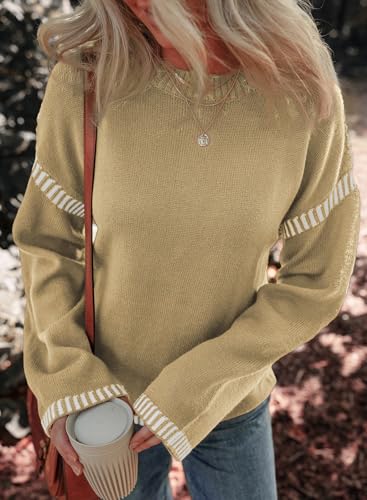 Image of Dokotoo Sweaters for Women Fashion Solid Crewneck Loose Fit Long Sleeve Contrast Cable Knit Pullover Sweater Jumper Tops