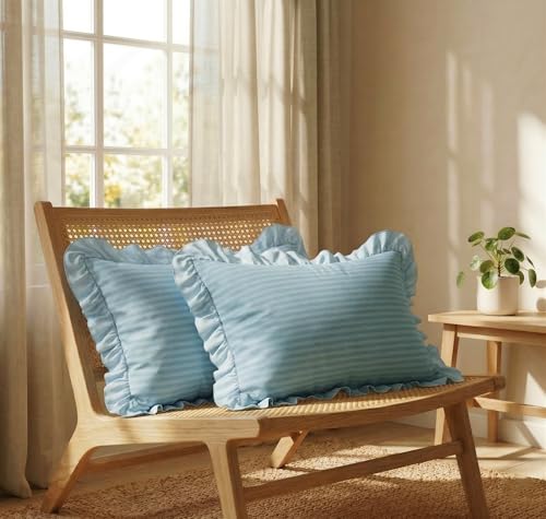Image of VAS COLLECTIONS Cotton Pillow Covers Set of 2 (18x28 Inch) Rectangular Throw Pillow Cases with Frill Border, Envelope Closure Cushion Covers for Living Room, Bedroom & Diwan (Pale Turquoise)