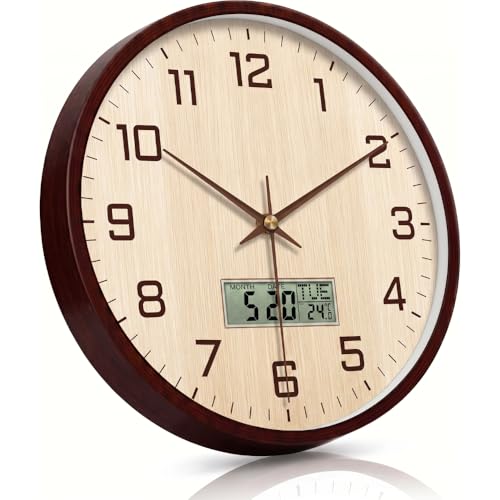 Image of STAR WORK Silent Non-Ticking Wall Clock 12 inch Inch Analog Clock & LCD Display | Calendar Date, Day, Temperature, Operated Decorative Clock for Living Room, Kitchen, Bedroom,Office (Cream Brown Digital)