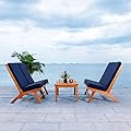 SAFAVIEH Outdoor Collection Chaston Natural Wood/Navy Cushion 4-Piece Conversation Patio Set