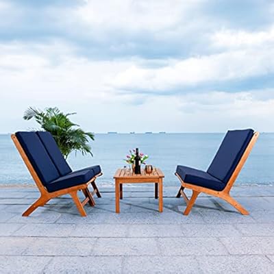 SAFAVIEH Outdoor Collection Chaston Natural Wood/Navy Cushion 4-Piece Conversation Patio Set