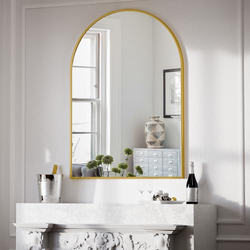 Image of BEAUTYPEAK 30 inchx40 inch Arch Bathroom Mirror, Wall Mounted Vanity Metal Frame Mirror for Bedroom, Entryway, Living Room, Gold