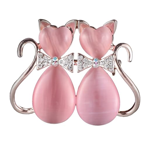 Image of Pink Heart Cat Animal Rhinestone Brooch Pin for Women Girls Gold Plated Fashion Crystal Love Hearted Cat's Eye Couple Kitten Brooches Lapel Pins Cute Dress Accessories Birthday Holiday Jewelry Gift