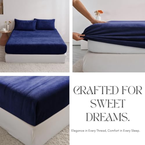 Image of VAS COLLECTIONS Luxury Warm Winter Elastic Fitted Bedsheet with 2 Pillow Covers - Ultra Soft Flannel Velvet Touch, Cozy & Wrinklefree lintfree Size - 78x72+10 Inches (Navy Blue)