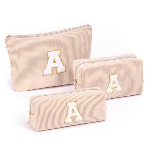 Image of Vavabox Corduroy Makeup Bag Set for Women, A-Z Personalized Cosmetic Bag for Travel Toiletry Organizer, Gifts for Women Mom Girls (A, 05-Khaki)