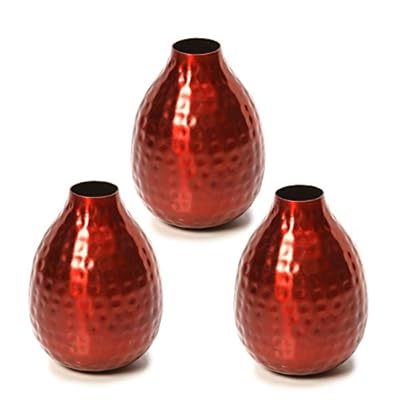 Hosley Set of 3 Metal Bud Vases - Your Choice of Colors. 4.5 Inch High. Ideal Accent Piece for Coffee and Side Tables as Well as Dried Floral Arrangements (2-Red Finish)