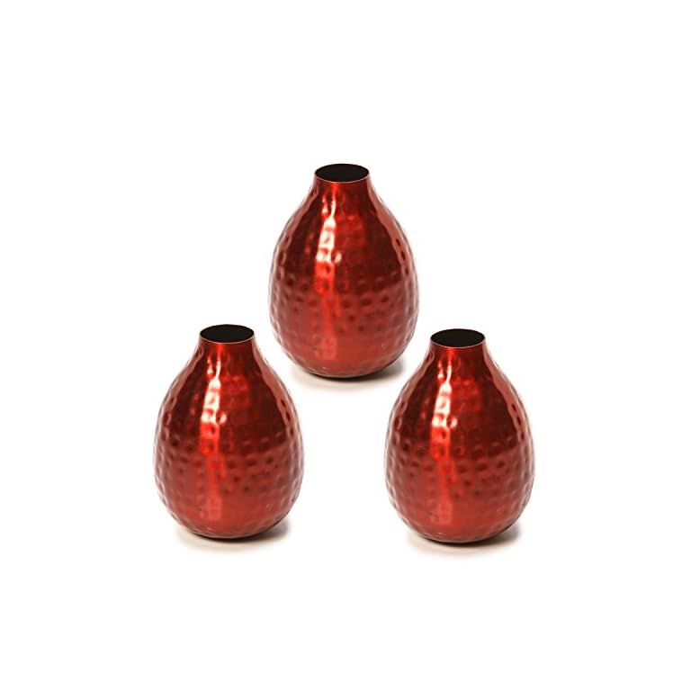 Hosley Set of 3 Metal Bud Vases - Your Choice of Colors. 4.5 Inch High. Ideal Accent Piece for Coffee and Side Tables as Well as Dried Floral Arrangements (2-Red Finish)