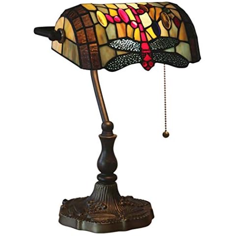 Yjmgrowing Tiffany Style Table Lamp in 10.6inch Dragonfly Stained Glass Banker Antique Art Lighting for Living Room Bedroom Bedside Décor Night Lights,Pull Switch,110-240V,E27,B Cover