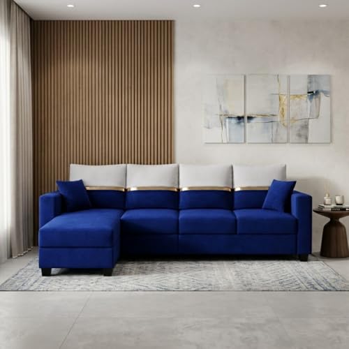 Image of Furny Arvea 5 Seater Fabric LHS L Shape Sofa Set (Blue) | Soft Velvet Fabric | Modern Design | Comfortable Seating | Living Room Furniture