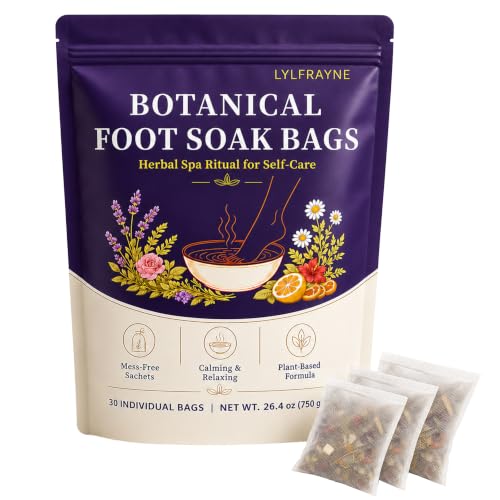 LYLFRAYNE Foot Soak Bags, 30 Individual Mess-Free Sachets, Botanical Herbal Foot Bath Soak with Lavender, Chamomile, Rose Petals & Hibiscus, Plant-Based Home Spa Self-Care Ritual, 26.4 oz / 750 g