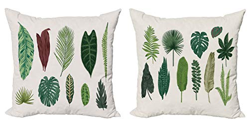 ABAKUHAUS Botanique Lot de Housses de Coussin en 2 pièces, Les Feuilles différentes de forêt Tropicale, Impression Numérique Recto-Verso Moderne, 60 x 60 cm, Brown Vert Coquille d'oeuf Cover