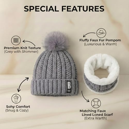 Image of Kraptick Women's Winter Beanie Cap and Scarf Set with Soft Fleece Lining, Thick Cable Knit Woolen Cap for Ladies & Neck Warmer for Extreme Cold Stylish Pom Pom Hat & Scarf Set -7