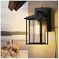 zeyu Modern Outdoor Porch Light with Built-in GFCI Outlet, Dusk to Dawn Exterior Wall Lantern with Die-Cast Aluminum, Black Finish with Clear Glass, 1951S-PC-G BK