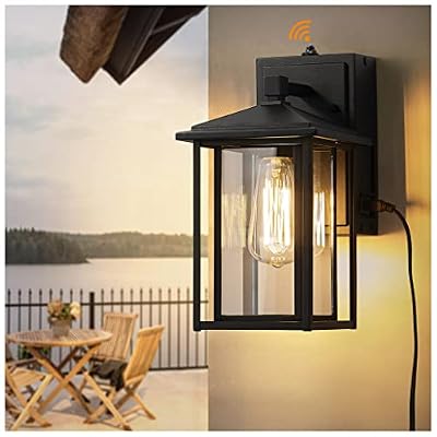 zeyu Modern Outdoor Porch Light with Built-in GFCI Outlet, Dusk to Dawn Exterior Wall Lantern with Die-Cast Aluminum, Black Finish with Clear Glass, 1951S-PC-G BK