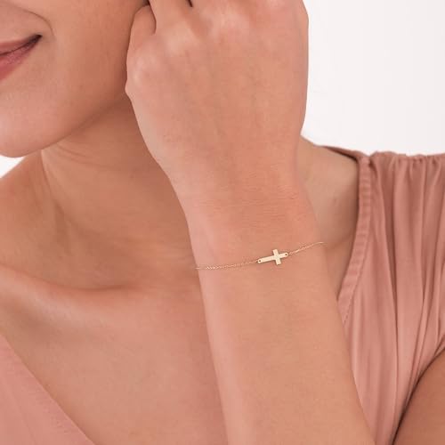 14K Gold Plated Cross Bracelet for Women, Bracelets, Real Gold Sideways Adjustable Bracelet for Women, Christian Baptism Gift2