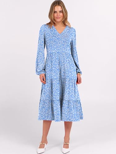 Image of ANRABESS Women's Long Lantern Sleeve Floral Midi Dresses 2026 Fall V Neck Casual Flowy A-line Tiered Boho Vacation Dress