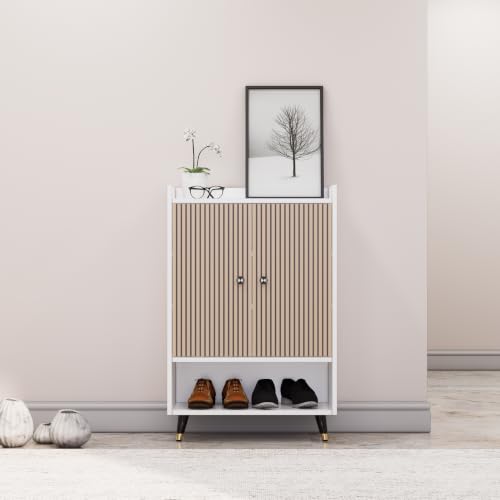 Image of Bniture Engineered Wood Shoe Cabinet with Door | Shoe Rack Wooden with Metal Legs | Sturdy and Stylish Wooden Cabinet for Home | Multipurpose Shoe Rack With 3D Fluted Panel (Frosty White & Giant Wood)
