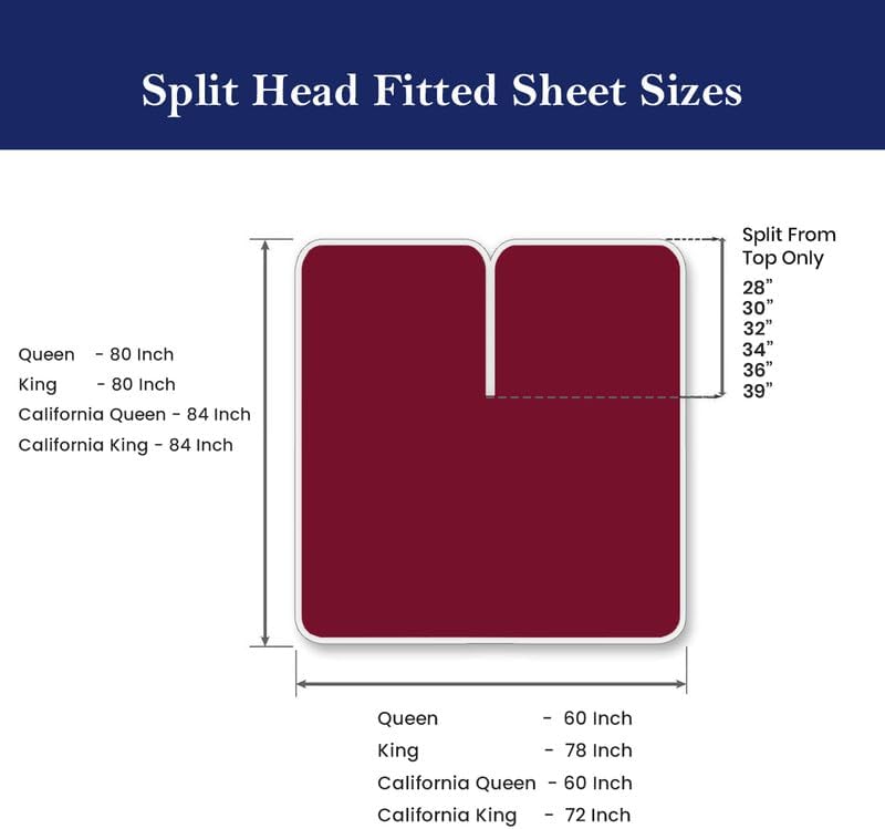 Premium 100% Pima Cotton Top Split Head Queen Sheet Set – 600 TC, 4-Piece Bedding for Adjustable & Sleep Number Beds, 30" Split from Head, Fits 12" Deep Mattress – Burgundy