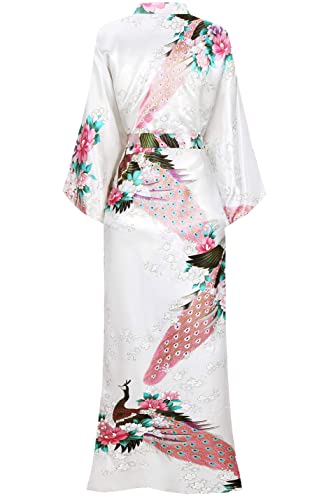 Image of BABEYOND Women's Kimono Robe Long Satin Robes with Peacock and Blossoms Printed Kimono Nightgown