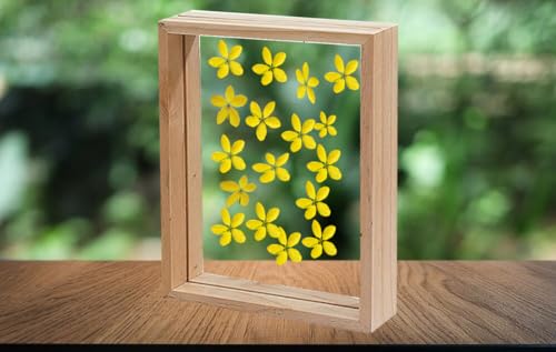 Image of Desi Rang Wooden Square Frame For Wall Decor Table Top Hanging Any Green Or Dry Plant Leaf Picture Photo DIY Gift Home Decoration (Natural,Sqr,7X7 Inch,With Yellow Flower)