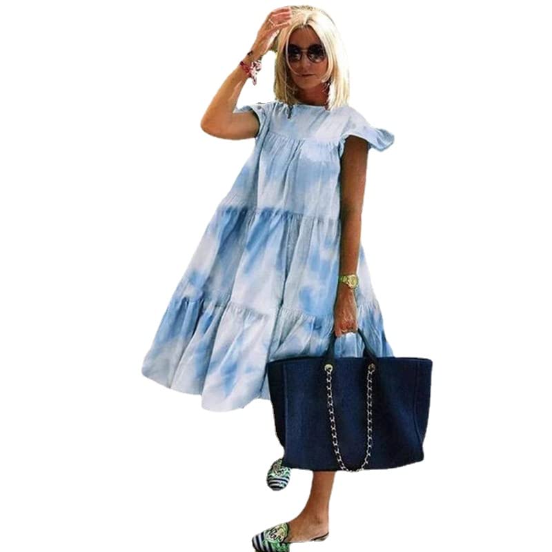 Vestido suelto de manga corta para mujer, talla grande, casual, con estampado de hojas de arce, Teñido azul, Large