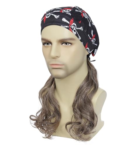 Image of Men's Pirate Wig with Integrated Bandana, Long Curly Synthetic Wig, Skull Print Bandana Pirate Costume Wig for Halloween, Cosplay and 80s Theme Party (Light Brown)