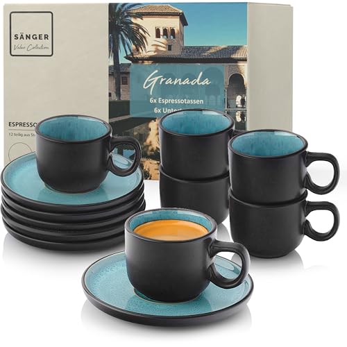 Sänger Granada Value Collection Lot de 12 tasses à expresso en faïence, pour 6 personnes, tasses et soucoupes, passent au lave-vaisselle, au micro-ondes, bleues, avec bord noir, 80 ml Sänger Granada Value Collection Lot de 12 tasses à expresso en faïence, pour 6 personnes, tasses et soucoupes, passent au lave-vaisselle, au micro-ondes, bleues, avec bord noir, 80 ml