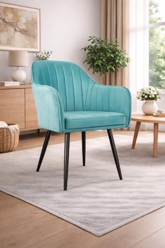 Image of Plush Dining Chair | Accent Chair for Living Room Bedroom Restuarant | Velvet Fabric & Thick Cushion Seat with Sturdy Glossy Metal Legs (Black Legs, Sky Blue)