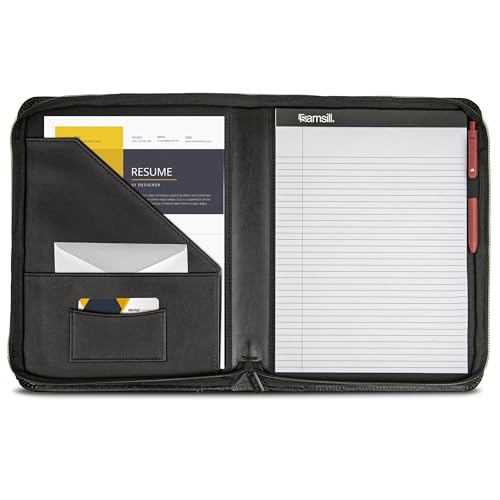 Image of Samsill Contrast Stitch Leather Zippered Portfolio Folder /Business Portfolio for Men and Women, Resume /Document Organizer with Writing Pad, Black (71720)