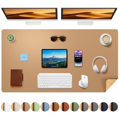 Aothia Cork Desk Mat - Dual-Sided XL PU Leather Desk Pad & Full Desk Protector, Large Waterproof Desktop Mat for Office & Gaming (47" x 23.6", Apricot)