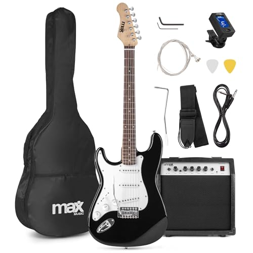 MAX GIGKIT Guitare Électrique Gaucher Noire - Pack Complet Débutant avec Ampli 40 Watts, Nombreux Accessoires Inclus, Housse, Accordeur, Sangle, Médiators,...