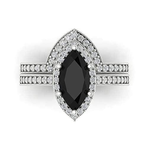2.48 ct Marquise Cut Natural Onyx 14k White Gold Halo Solitaire with Accents Wedding Bridal Engagement Promise Ring Band Set