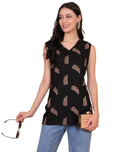 Image of StyFun Women Viscose Rayon Ethnic Motifs Printed Sleeveless Kurti with V-Neck Black Ideal Gift for Girls