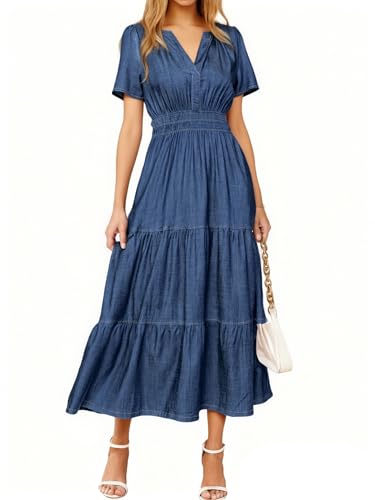 Simplee Womens Summer Denim Dress - Casual Short Sleeve V Neck Empire Waist Boho Flowy Western Jean...