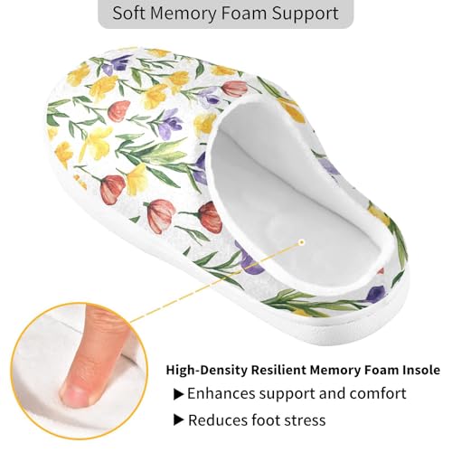 JUNZAN Spring Flowers Tulips Iris White Women Home Cotton Slippers Washable Memory Foam Mens Slippers for Hospital Funny Presents 6-72