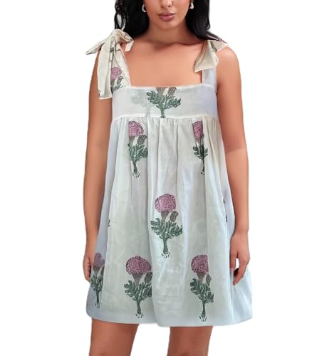Image of Women Floral Tie Shoulder Mini Dress Cute Square Neck Loose Fit Beach Short Dress Backless Boho Vocation Sundress