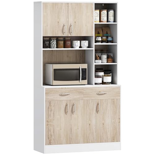 HOMCOM Mueble Buffet despensa Cocina, Puertas cajones y Compartimentos Abiertos, 100 x 39 x 180 cm, Blanco y Madera