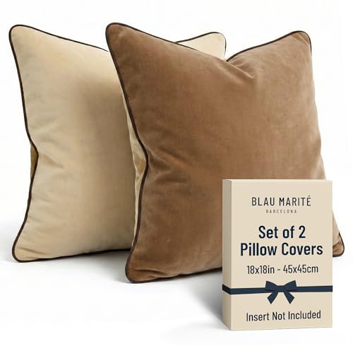 Blau Marité Set of 2 Decorative Throw Pillow Covers Cushion Cases. Soft Velvet. Contrast Pipping Edge. Filling Not Included. (18x18in, Camel/Beige)