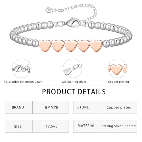 BMMYE 30th 40th 50th 60th 70th Birthday Gifts for Women,Sterling Silver Bead Bracelet with Rose Gold Heart Adjustable Silver Bracelet for Women Birthday Gifts for Mum Daughter Sister Grandma3