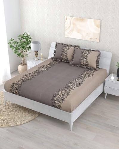 Image of 350 TC Premium Heavy Cotton Feel Elastic Fitted Bedsheet King Size with 2 Frill Pillow Covers King Size || Double Bed with All Around Elastic (Coffee Frill, Double)