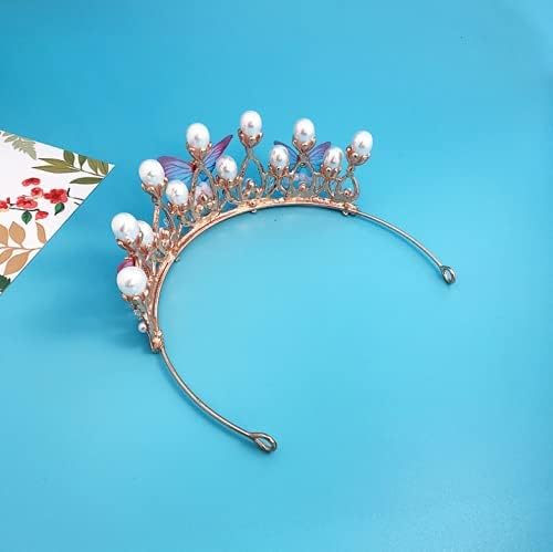 Miniatura 8 de Tiara para niñas, corona de princesa de mariposa, diadema de perlas doradas, postizo de diamantes de imitación para niñas, tiaras decorativas de