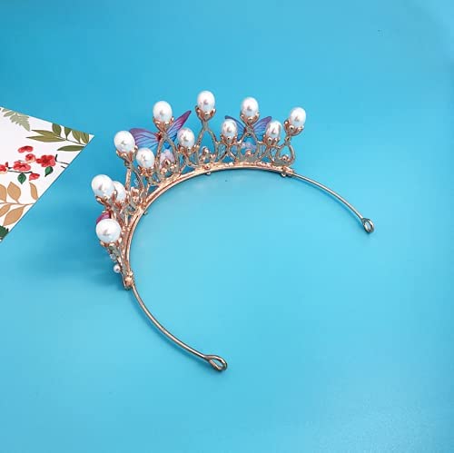 Jorcedi Girls Tiara Butterfly Princess Crown Gold Pearl Headband Rhinestone Hairpiece For Girls Decorative Princess Tiaras Hair Accessories #TOP7