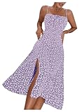 Floerns Women's Summer Split Thigh Spaghetti Strap Cami Midi Floral Dress Vacation Outfits for Women Purple and White Large