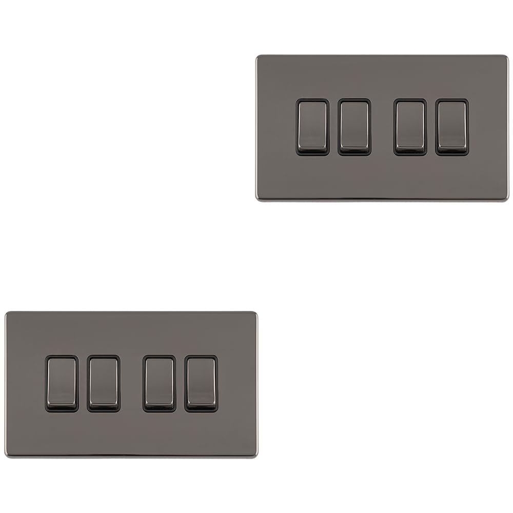 Loops Light/Black 2 Pack 4 Gang Quad Switch Screwless Nickel 2 Way 10A Slim Rocker - Decorative Kitchen Living Room Bedroom Plate