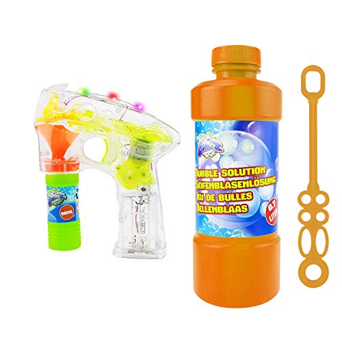 quantio Juego de LED Pistola de pompas de jabón y líquido de pompas de jabón  Con Luz, funciona con pilas, cantidades diferentes.